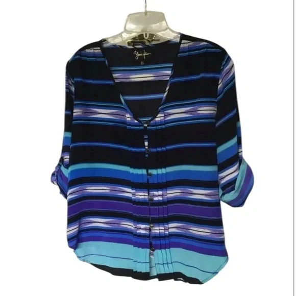 Yumi Kim Lizzie silk blouse blue stripe tab sleeves Size XS - Picture 7 of 7